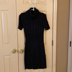 Gray cowl neck short-sleeve cable-knit sweater dress. Loft size petite small